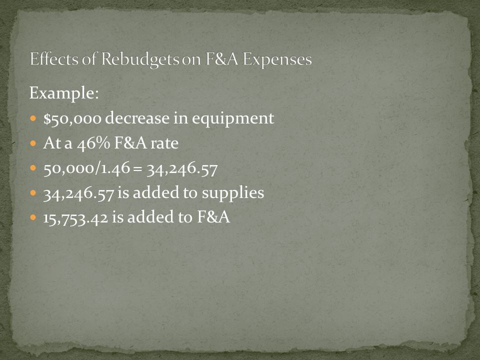 Answer: The amount being transferred from an exempt category (equipment) should be divided by ( F&A rate).