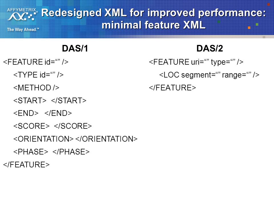 Redesigned XML for improved performance: minimal feature XML DAS/2 DAS/1