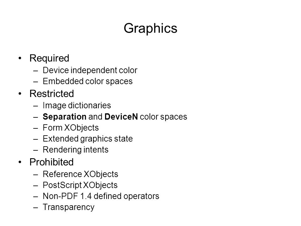 Graphics Required –Device independent color –Embedded color spaces Restricted –Image dictionaries –Separation and DeviceN color spaces –Form XObjects –Extended graphics state –Rendering intents Prohibited –Reference XObjects –PostScript XObjects –Non-PDF 1.4 defined operators –Transparency