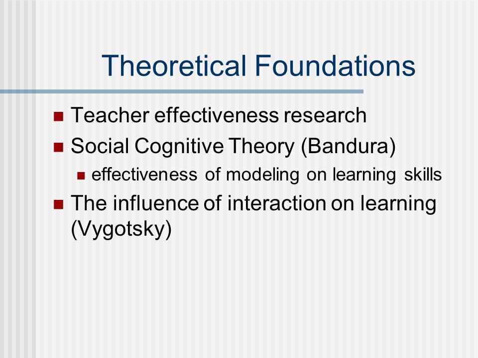 Theoretical Foundations Teacher effectiveness research Social Cognitive Theory (Bandura) effectiveness of modeling on learning skills The influence of interaction on learning (Vygotsky)