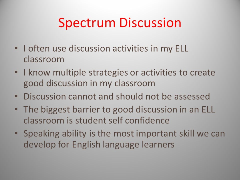 Spectrum Discussion I often use discussion activities in my ELL classroom I know multiple strategies or activities to create good discussion in my classroom Discussion cannot and should not be assessed The biggest barrier to good discussion in an ELL classroom is student self confidence Speaking ability is the most important skill we can develop for English language learners