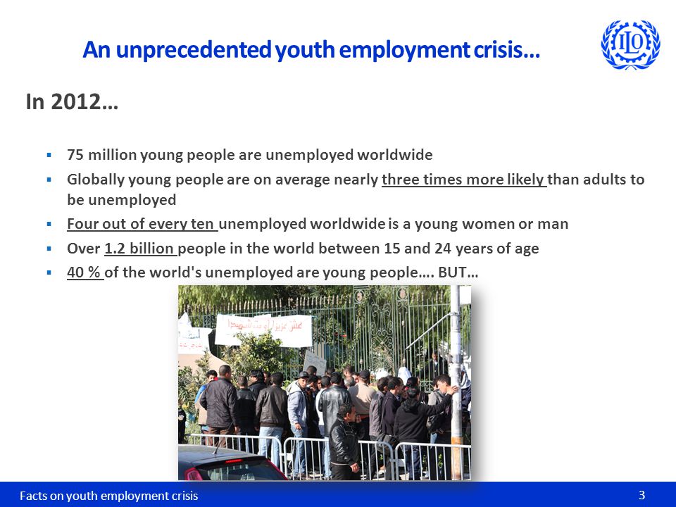 In 2012…  75 million young people are unemployed worldwide  Globally young people are on average nearly three times more likely than adults to be unemployed  Four out of every ten unemployed worldwide is a young women or man  Over 1.2 billion people in the world between 15 and 24 years of age  40 % of the world s unemployed are young people….