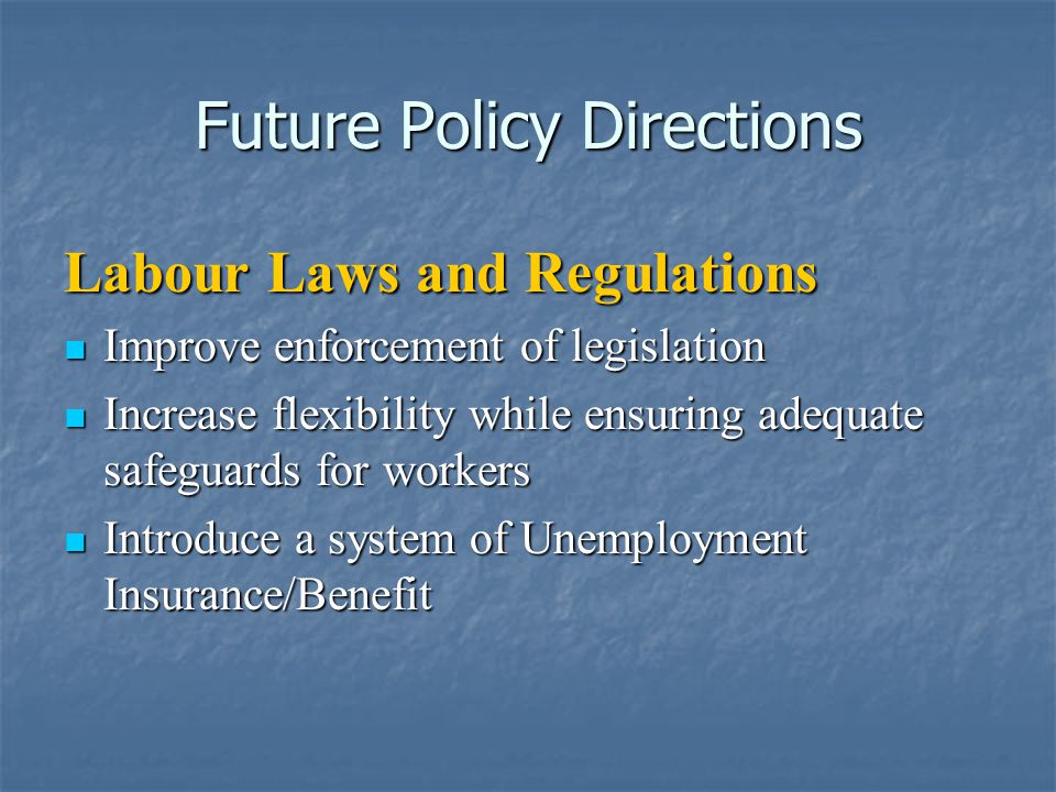 Future Policy Directions Labour Laws and Regulations Improve enforcement of legislation Improve enforcement of legislation Increase flexibility while ensuring adequate safeguards for workers Increase flexibility while ensuring adequate safeguards for workers Introduce a system of Unemployment Insurance/Benefit Introduce a system of Unemployment Insurance/Benefit