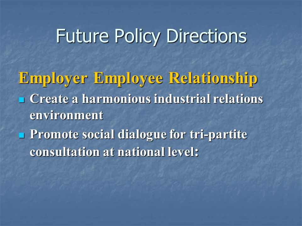 Future Policy Directions Employer Employee Relationship Create a harmonious industrial relations environment Create a harmonious industrial relations environment Promote social dialogue for tri-partite consultation at national level : Promote social dialogue for tri-partite consultation at national level :