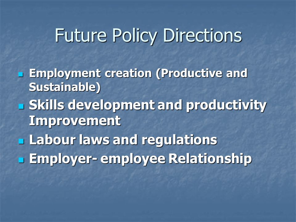 Future Policy Directions Employment creation (Productive and Sustainable) Employment creation (Productive and Sustainable) Skills development and productivity Improvement Skills development and productivity Improvement Labour laws and regulations Labour laws and regulations Employer- employee Relationship Employer- employee Relationship
