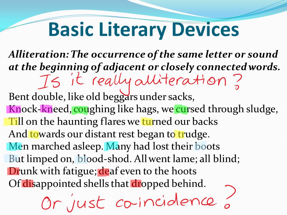 Basic Literary Devices Alliteration: The occurrence of the same letter or sound at the beginning of adjacent or closely connected words.