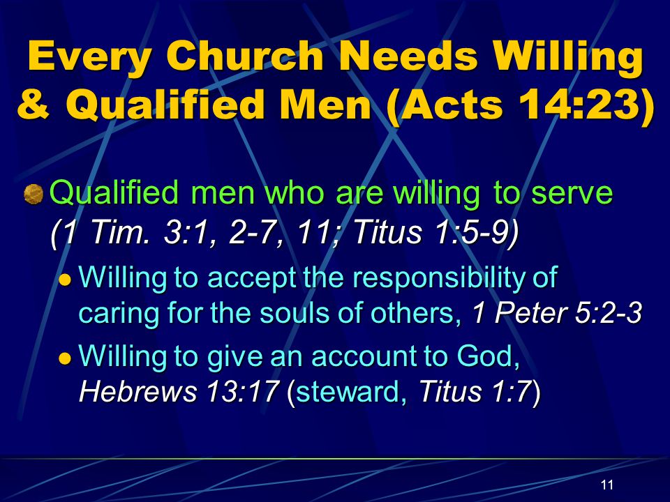 11 Every Church Needs Willing & Qualified Men (Acts 14:23) Qualified men who are willing to serve (1 Tim.