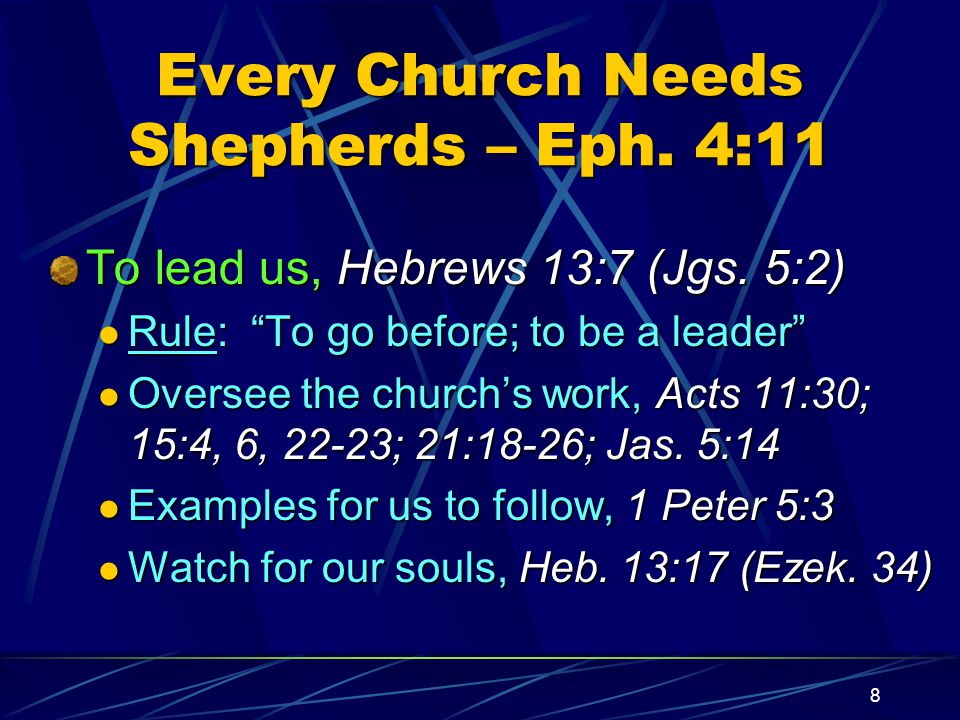 8 Every Church Needs Shepherds – Eph. 4:11 To lead us, Hebrews 13:7 (Jgs.