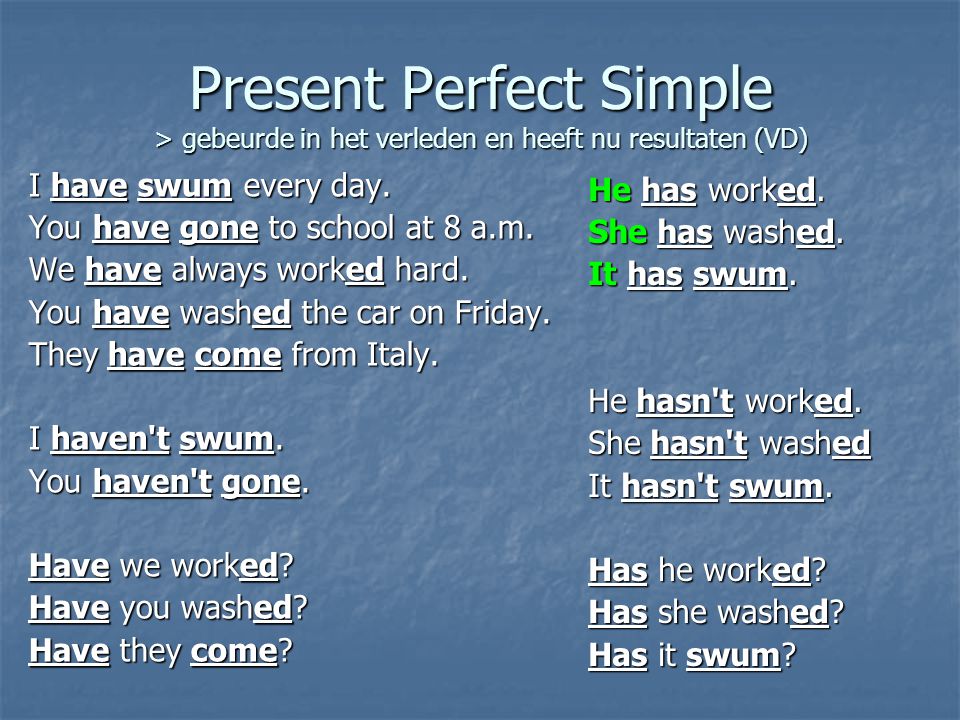 Present Perfect Simple > gebeurde in het verleden en heeft nu resultaten (VD) I have swum every day.
