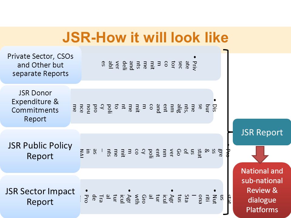 JSR-How it will look like Priv ate sec tor co m mit me nts and deli ver abl es Private Sector, CSOs and Other but separate Reports Dis bur se me nts, alig nm ent and co m mit me nt to poli cy pro nou nce me nts JSR Donor Expenditure & Commitments Report Pro gre ss & stat us of Go ver nm ent poli cy co m mit me nts – as in NAI PS JSR Public Policy Report Pov ert y stat us Nut riti ona l Sta tus Agr icul tur al Gro wth Agr icul tur al Tra de Pro gre ss Indi cat ors JSR Sector Impact Report JSR Report National and sub-national Review & dialogue Platforms