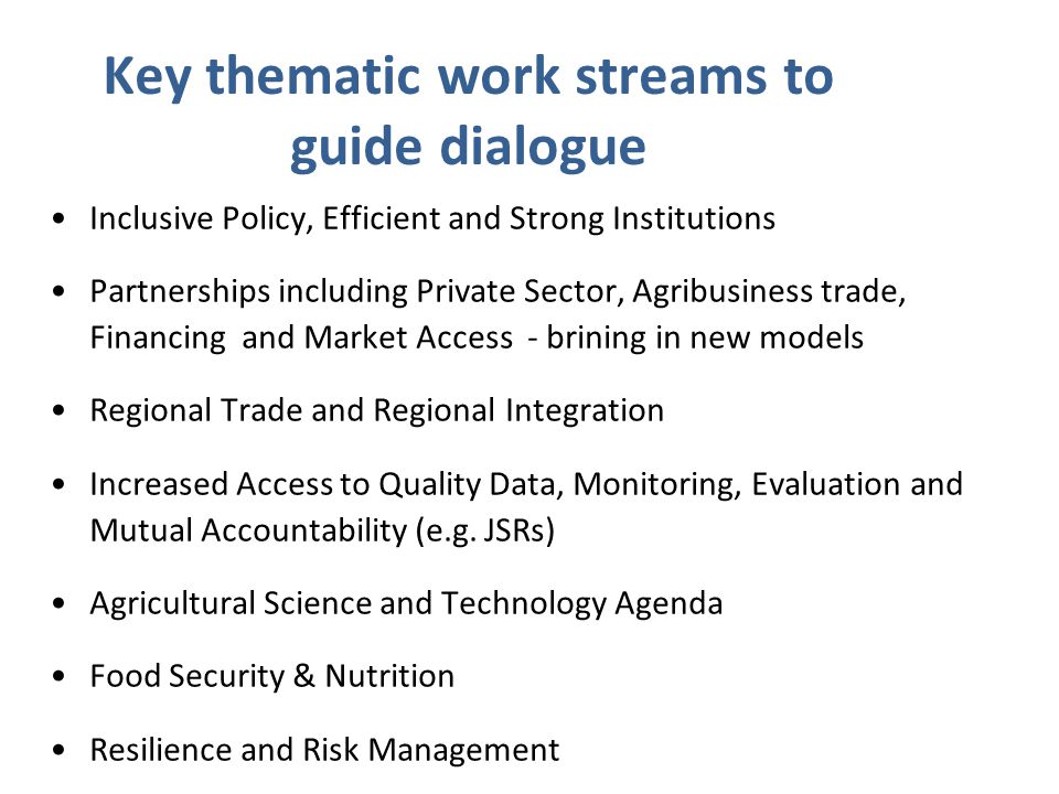 Key thematic work streams to guide dialogue Inclusive Policy, Efficient and Strong Institutions Partnerships including Private Sector, Agribusiness trade, Financing and Market Access - brining in new models Regional Trade and Regional Integration Increased Access to Quality Data, Monitoring, Evaluation and Mutual Accountability (e.g.