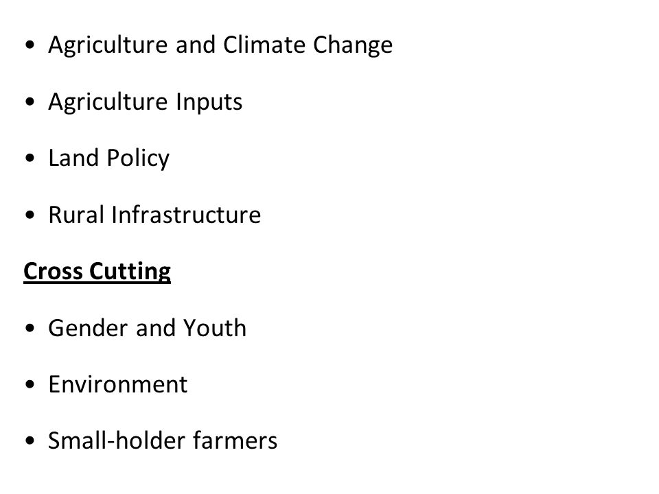 Agriculture and Climate Change Agriculture Inputs Land Policy Rural Infrastructure Cross Cutting Gender and Youth Environment Small-holder farmers