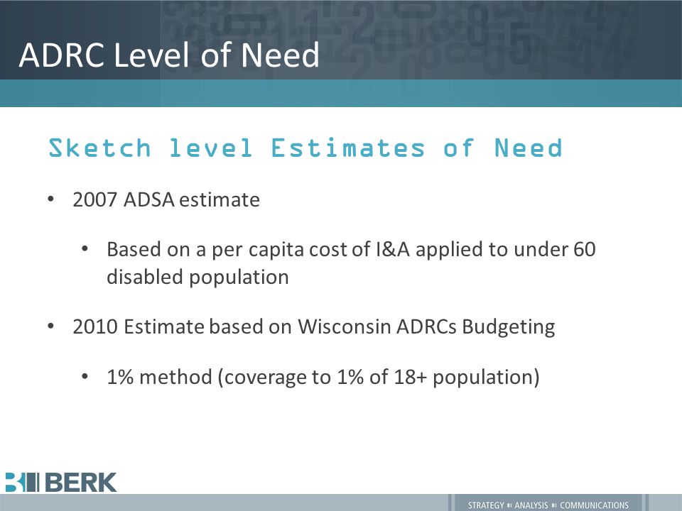 ADRC Level of Need Sketch level Estimates of Need 2007 ADSA estimate Based on a per capita cost of I&A applied to under 60 disabled population 2010 Estimate based on Wisconsin ADRCs Budgeting 1% method (coverage to 1% of 18+ population)