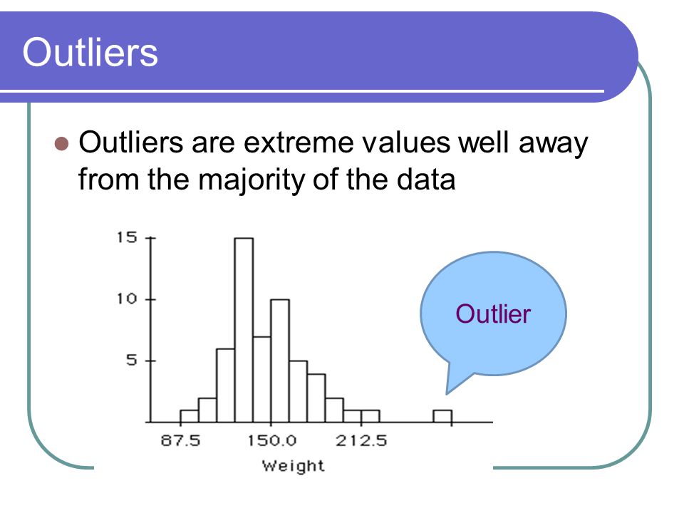 Outliers Outliers are extreme values well away from the majority of the data Outlier