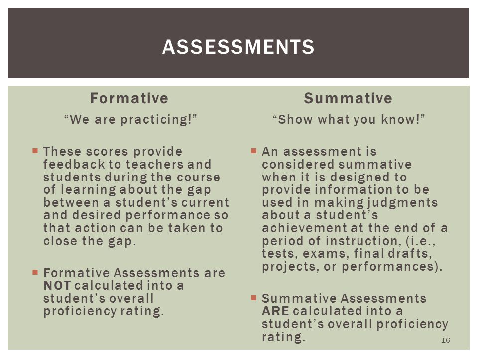 Formative We are practicing!  These scores provide feedback to teachers and students during the course of learning about the gap between a student’s current and desired performance so that action can be taken to close the gap.