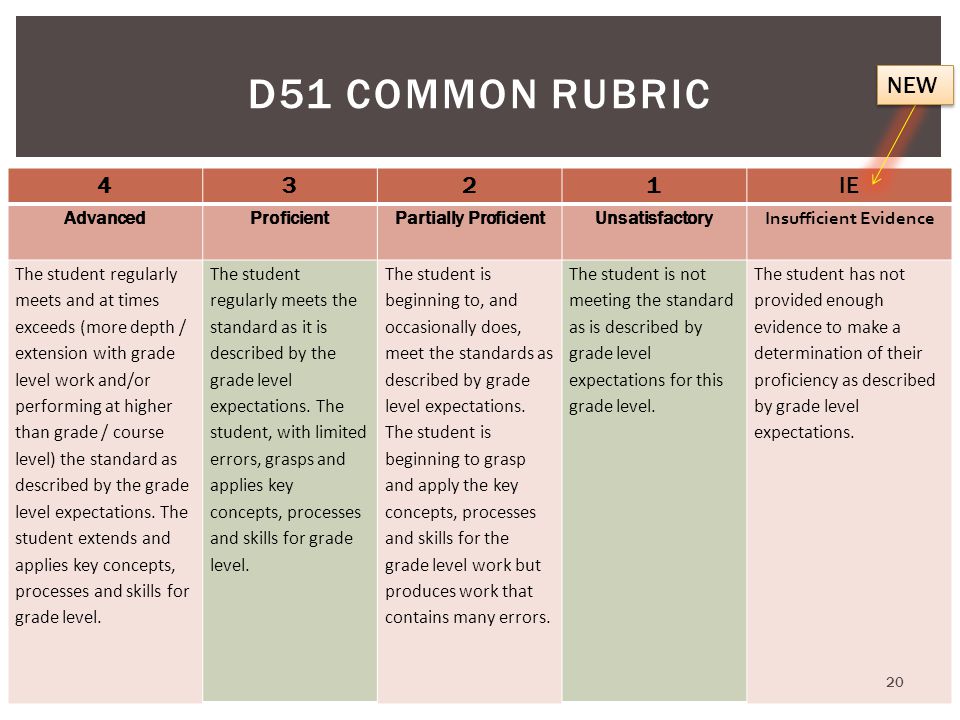 D51 COMMON RUBRIC 4321 IE AdvancedProficientPartially ProficientUnsatisfactory Insufficient Evidence The student regularly meets and at times exceeds (more depth / extension with grade level work and/or performing at higher than grade / course level) the standard as described by the grade level expectations.