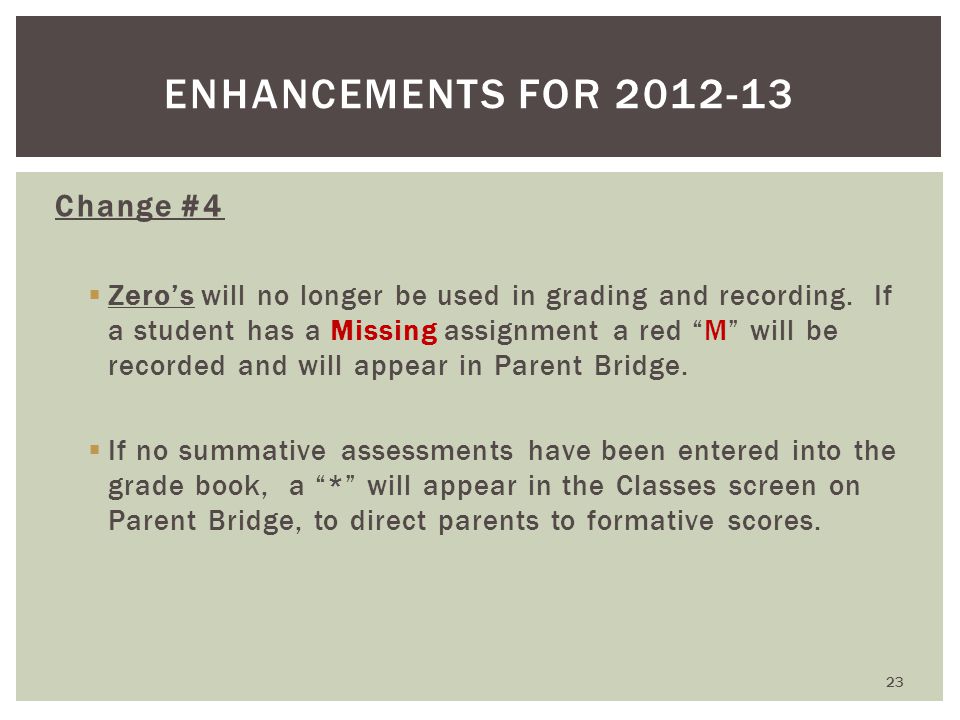 Change #4  Zero’s will no longer be used in grading and recording.