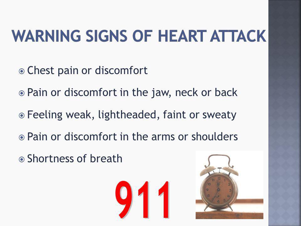  Chest pain or discomfort  Pain or discomfort in the jaw, neck or back  Feeling weak, lightheaded, faint or sweaty  Pain or discomfort in the arms or shoulders  Shortness of breath