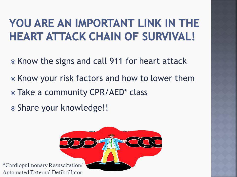  Know the signs and call 911 for heart attack  Know your risk factors and how to lower them  Take a community CPR/AED* class  Share your knowledge!.