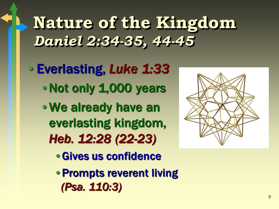9 Nature of the Kingdom Daniel 2:34-35, Everlasting, Luke 1:33Everlasting, Luke 1:33 Not only 1,000 yearsNot only 1,000 years We already have an everlasting kingdom, Heb.