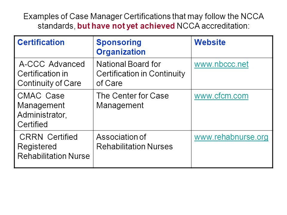 Examples of Case Manager Certifications that may follow the NCCA standards, but have not yet achieved NCCA accreditation: CertificationSponsoring Organization Website A-CCC Advanced Certification in Continuity of Care National Board for Certification in Continuity of Care   CMAC Case Management Administrator, Certified The Center for Case Management   CRRN Certified Registered Rehabilitation Nurse Association of Rehabilitation Nurses