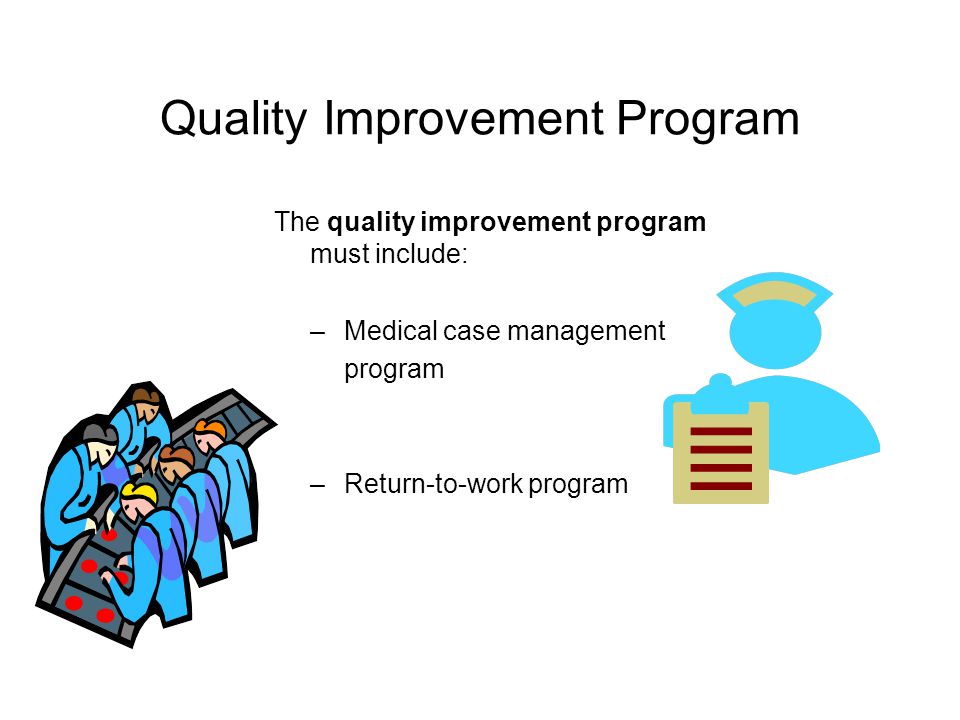 Quality Improvement Program The quality improvement program must include: –Medical case management program –Return-to-work program