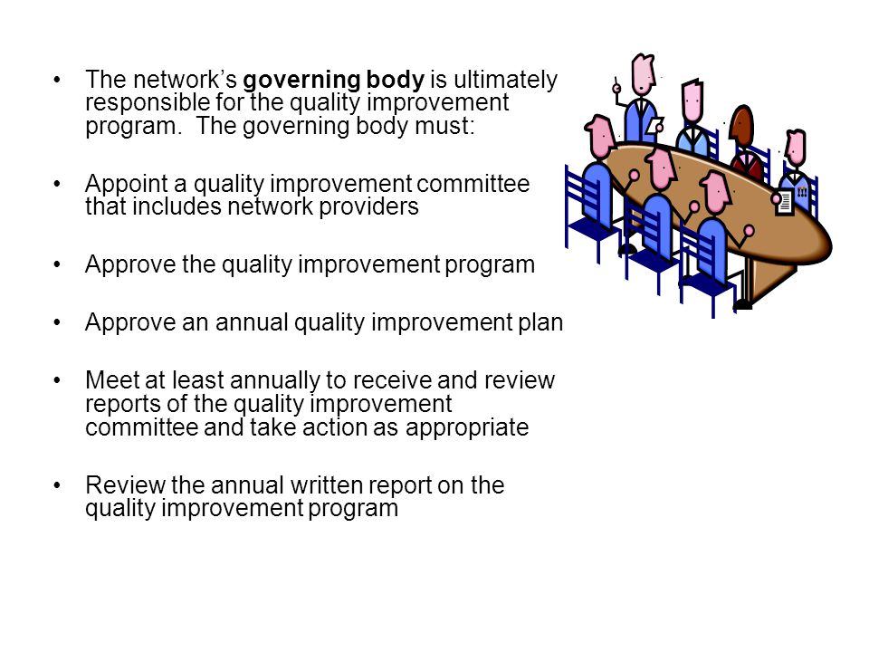 The network’s governing body is ultimately responsible for the quality improvement program.