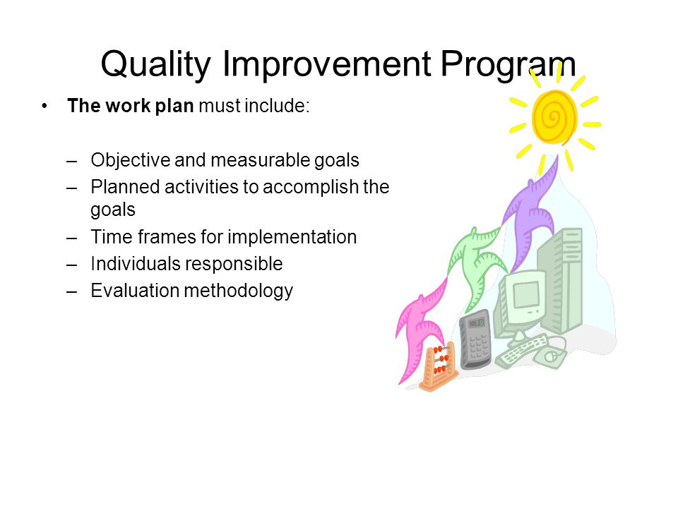 Quality Improvement Program The work plan must include: –Objective and measurable goals –Planned activities to accomplish the goals –Time frames for implementation –Individuals responsible –Evaluation methodology