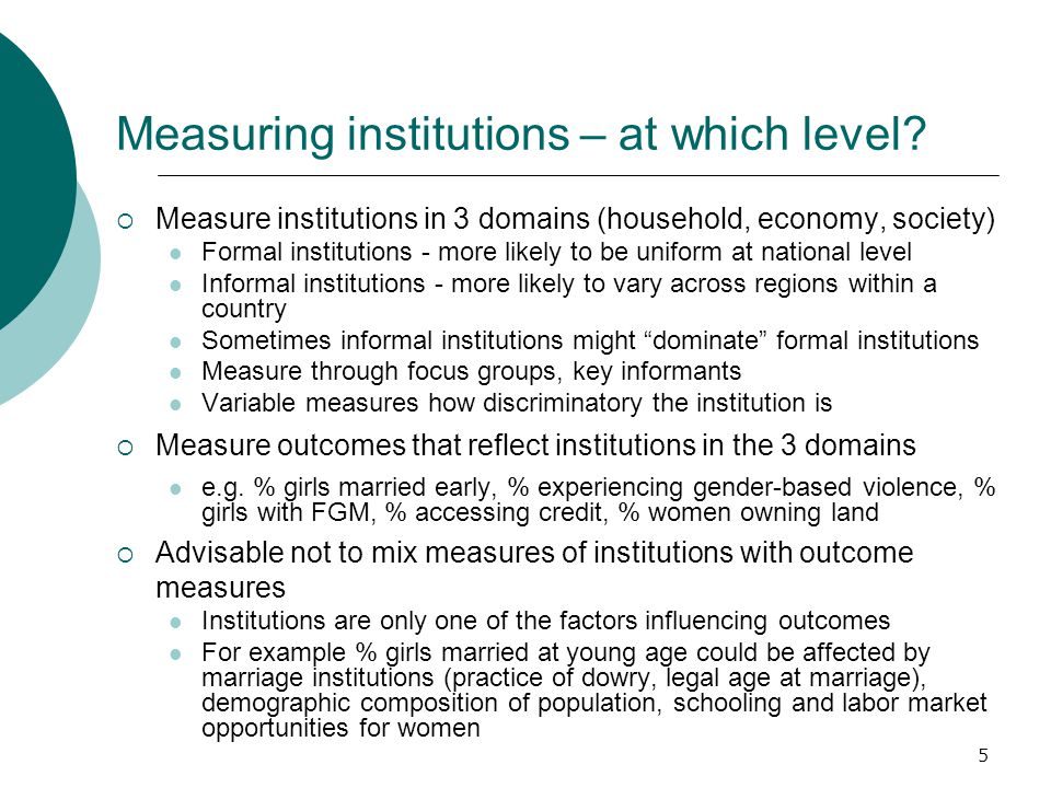 5 Measuring institutions – at which level.
