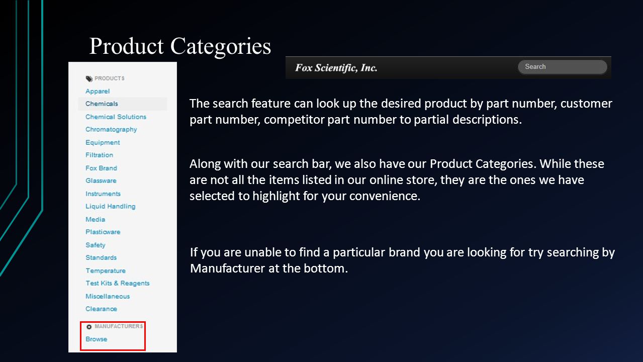 Product Categories Along with our search bar, we also have our Product Categories.