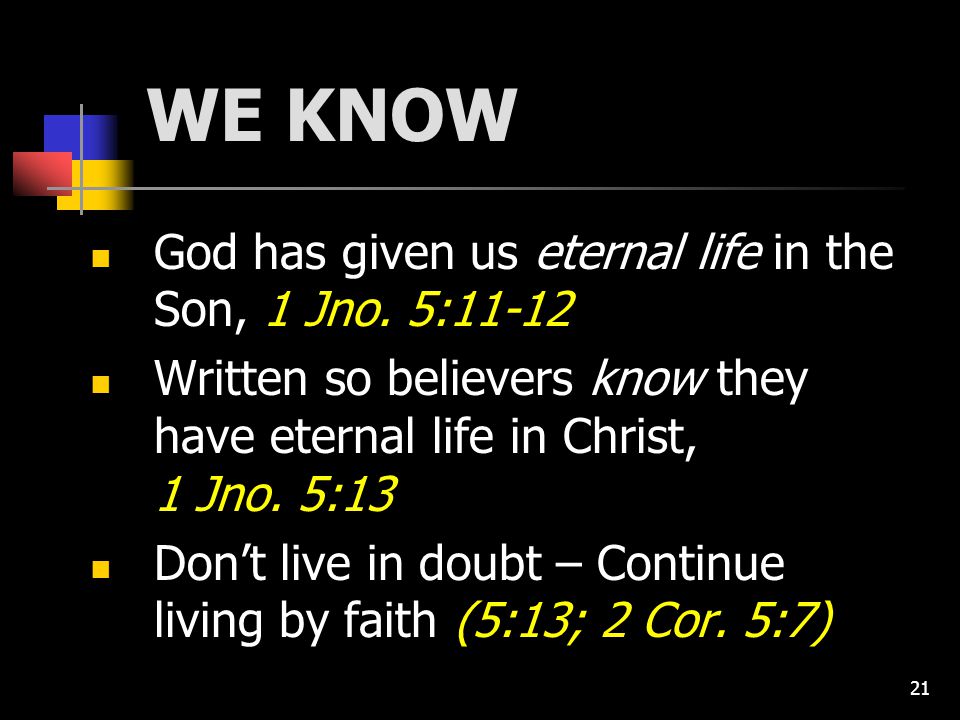 21 WE KNOW God has given us eternal life in the Son, 1 Jno.