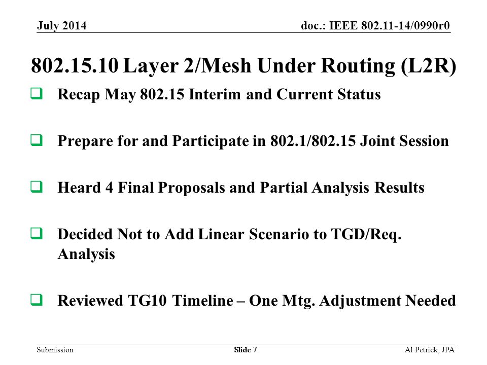 doc.: IEEE /0990r0 Submission July 2014 Slide Layer 2/Mesh Under Routing (L2R)  Recap May Interim and Current Status  Prepare for and Participate in 802.1/ Joint Session  Heard 4 Final Proposals and Partial Analysis Results  Decided Not to Add Linear Scenario to TGD/Req.