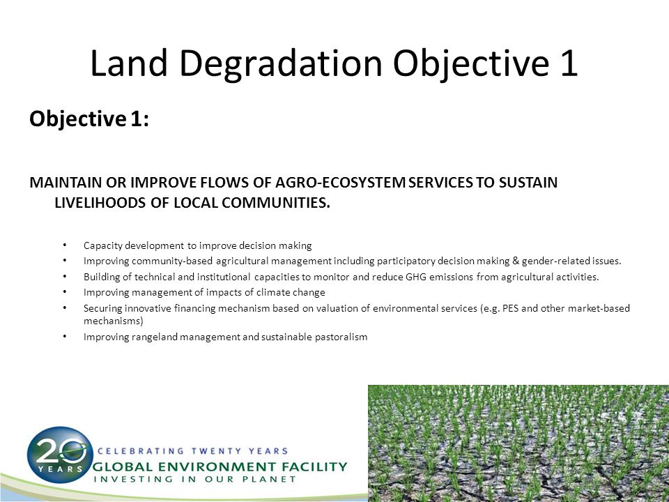 Land Degradation Objective 1 Objective 1: MAINTAIN OR IMPROVE FLOWS OF AGRO-ECOSYSTEM SERVICES TO SUSTAIN LIVELIHOODS OF LOCAL COMMUNITIES.