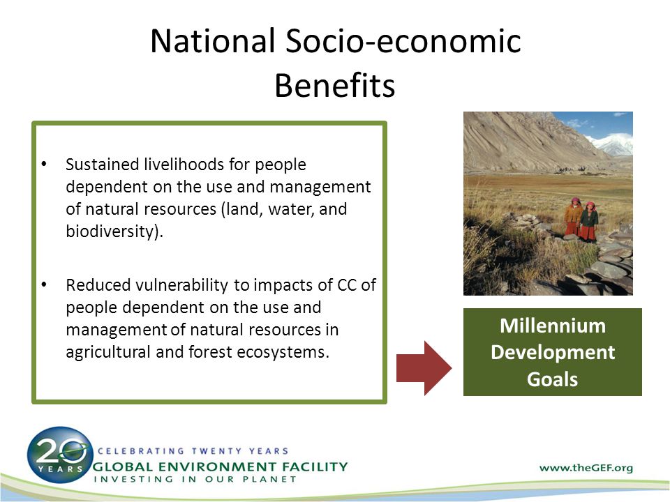 National Socio-economic Benefits Sustained livelihoods for people dependent on the use and management of natural resources (land, water, and biodiversity).