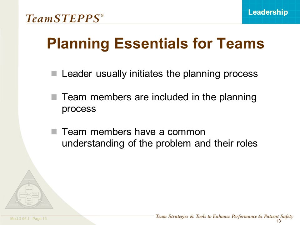 T EAM STEPPS 05.2 Mod Page 13 Leadership ® 13 Planning Essentials for Teams Leader usually initiates the planning process Team members are included in the planning process Team members have a common understanding of the problem and their roles