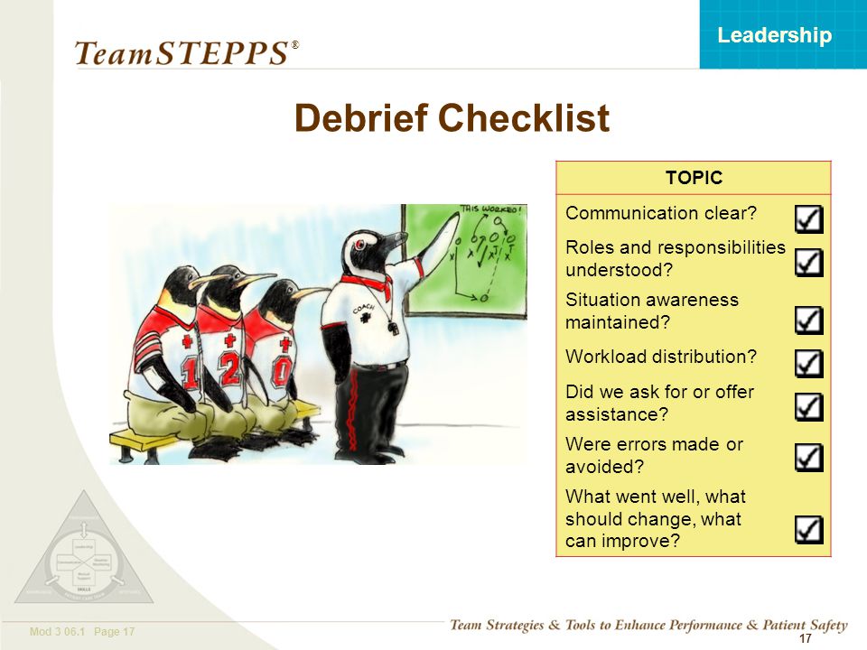 T EAM STEPPS 05.2 Mod Page 17 Leadership ® 17 TOPIC Communication clear.