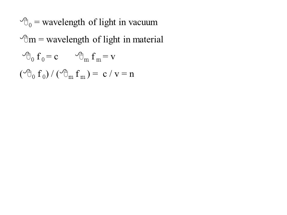 8 0 = wavelength of light in vacuum 8 m = wavelength of light in material 8 0 f 0 = c 8 m f m = v ( 8 0 f 0 ) / ( 8 m f m ) = c / v = n