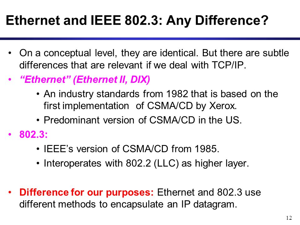 12 Ethernet and IEEE 802.3: Any Difference. On a conceptual level, they are identical.