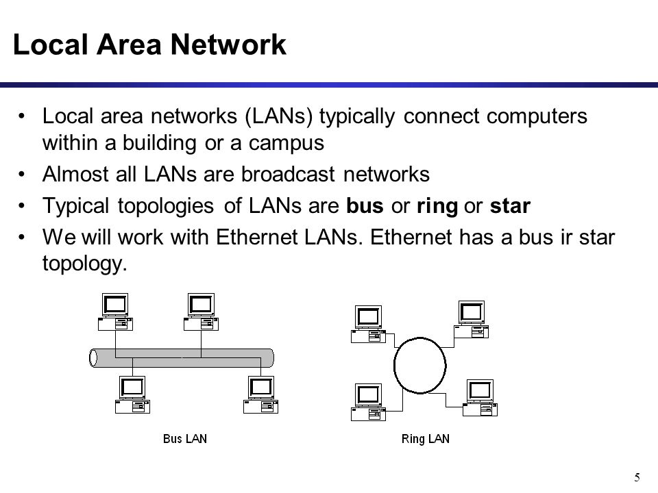 5 Local Area Network Local area networks (LANs) typically connect computers within a building or a campus Almost all LANs are broadcast networks Typical topologies of LANs are bus or ring or star We will work with Ethernet LANs.