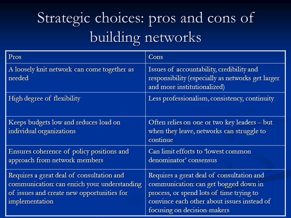 Strategic choices: pros and cons of building networks ProsCons A loosely knit network can come together as needed Issues of accountability, credibility and responsibility (especially as networks get larger and more institutionalized) High degree of flexibility Less professionalism, consistency, continuity Keeps budgets low and reduces load on individual organizations Often relies on one or two key leaders – but when they leave, networks can struggle to continue Ensures coherence of policy positions and approach from network members Can limit efforts to ‘lowest common denominator’ consensus Requires a great deal of consultation and communication: can enrich your understanding of issues and create new opportunities for implementation Requires a great deal of consultation and communication: can get bogged down in process, or spend lots of time trying to convince each other about issues instead of focusing on decision-makers