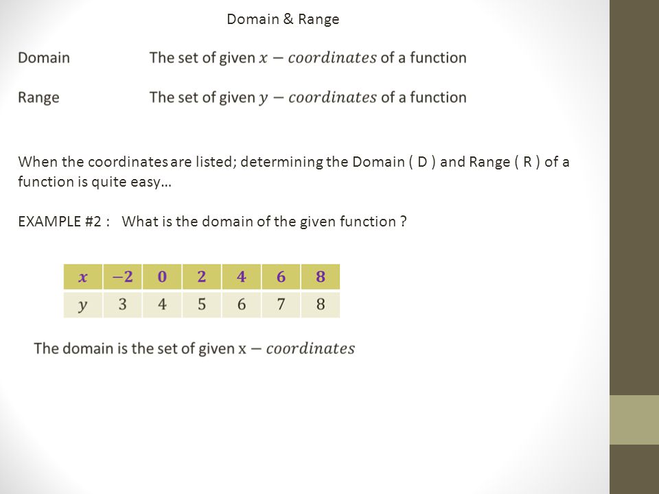Domain & Range When the coordinates are listed; determining the Domain ( D ) and Range ( R ) of a function is quite easy… EXAMPLE #2 : What is the domain of the given function