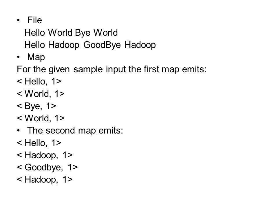 File Hello World Bye World Hello Hadoop GoodBye Hadoop Map For the given sample input the first map emits: The second map emits: