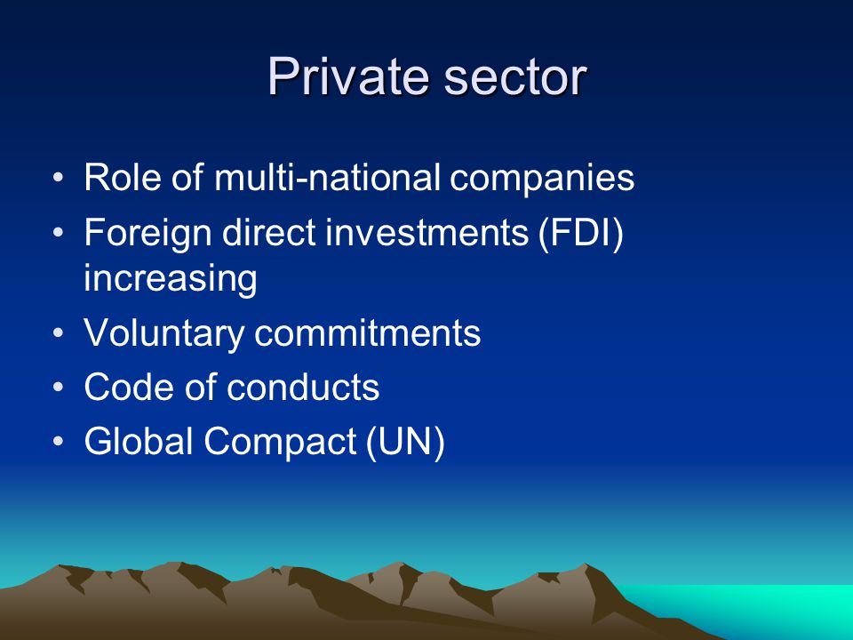 Private sector Role of multi-national companies Foreign direct investments (FDI) increasing Voluntary commitments Code of conducts Global Compact (UN)