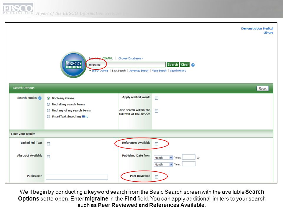 We’ll begin by conducting a keyword search from the Basic Search screen with the available Search Options set to open.