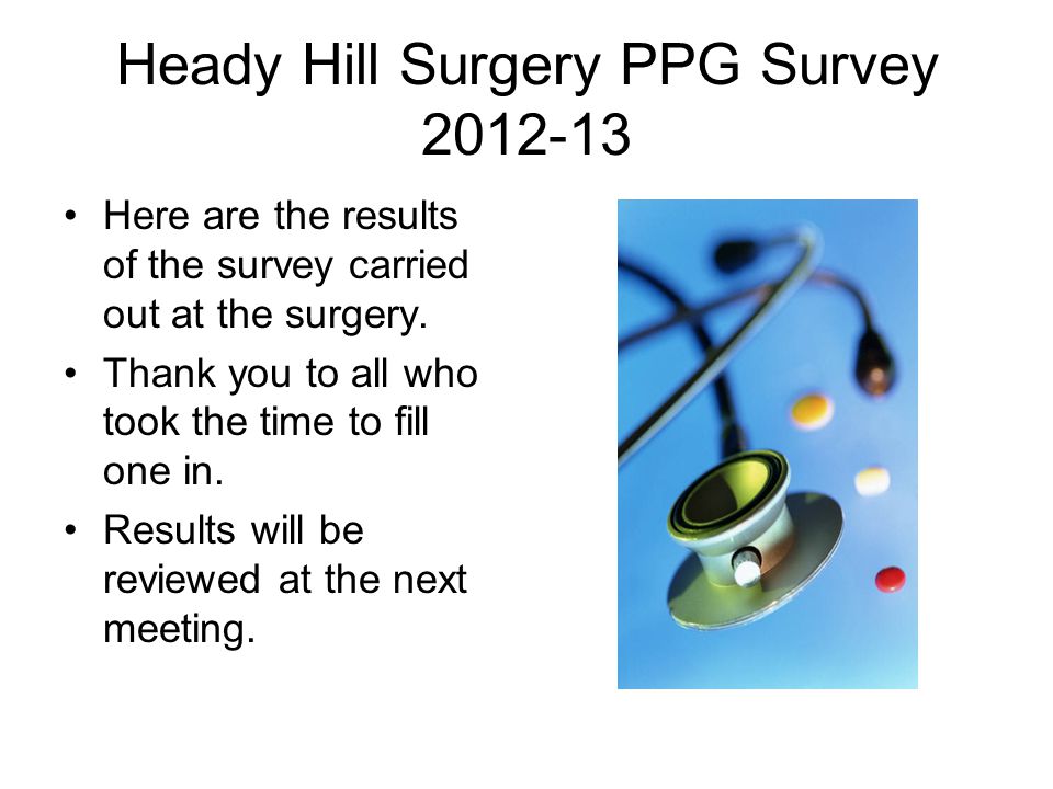 Heady Hill Surgery PPG Survey Here are the results of the survey carried out at the surgery.