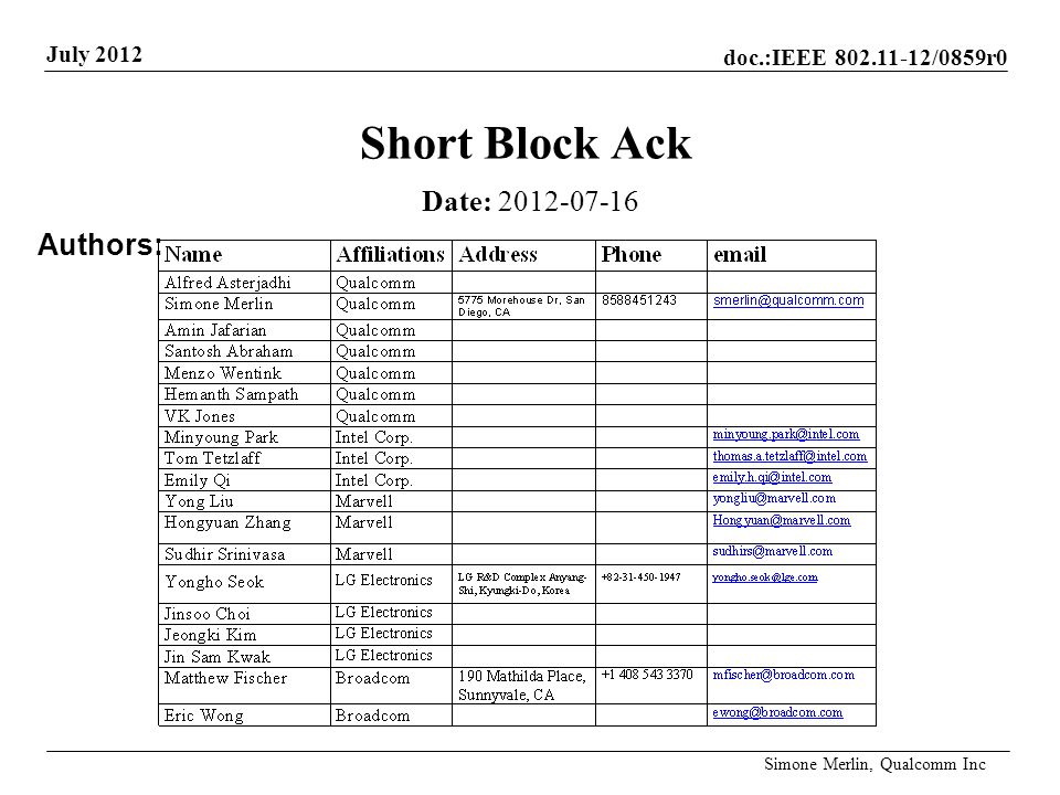 doc.:IEEE /0859r0 July 2012 Simone Merlin, Qualcomm Inc Short Block Ack Date: Authors:
