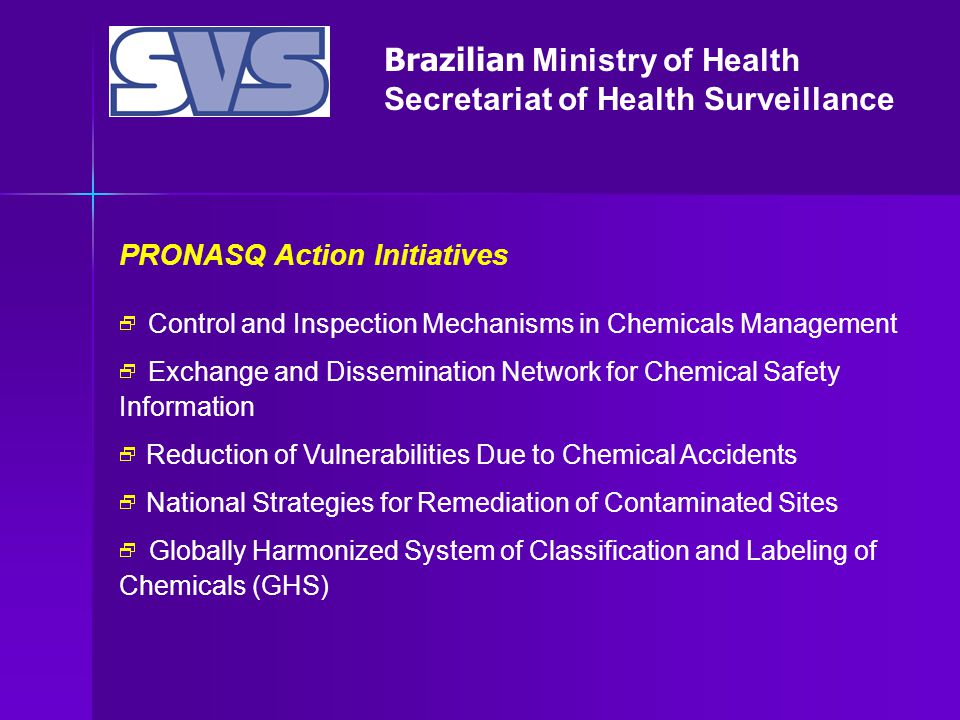 Brazilian Ministry of Health Secretariat of Health Surveillance PRONASQ Action Initiatives  Control and Inspection Mechanisms in Chemicals Management  Exchange and Dissemination Network for Chemical Safety Information  Reduction of Vulnerabilities Due to Chemical Accidents  National Strategies for Remediation of Contaminated Sites  Globally Harmonized System of Classification and Labeling of Chemicals (GHS)