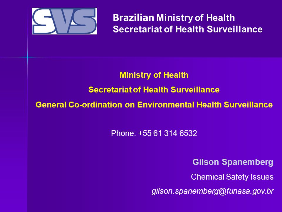 Brazilian Ministry of Health Secretariat of Health Surveillance Ministry of Health Secretariat of Health Surveillance General Co-ordination on Environmental Health Surveillance Phone: Gilson Spanemberg Chemical Safety Issues