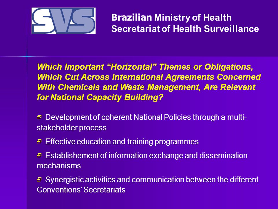 Brazilian Ministry of Health Secretariat of Health Surveillance Which Important Horizontal Themes or Obligations, Which Cut Across International Agreements Concerned With Chemicals and Waste Management, Are Relevant for National Capacity Building.