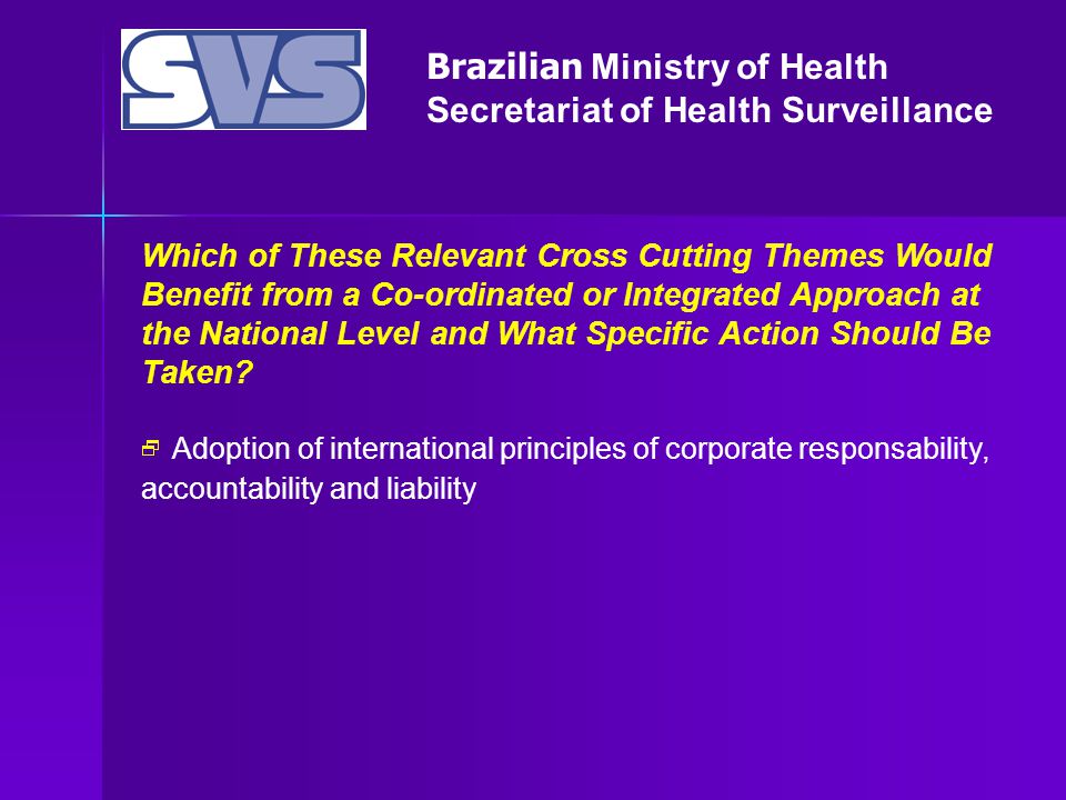 Brazilian Ministry of Health Secretariat of Health Surveillance Which of These Relevant Cross Cutting Themes Would Benefit from a Co-ordinated or Integrated Approach at the National Level and What Specific Action Should Be Taken.